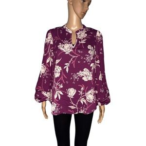 Belle by Kim gravel long sleeve top v-neck purple floral print blouse size S